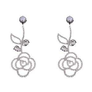 Elegant silver drop earrings with grey pearl and hollow rose design with sparkling crystals