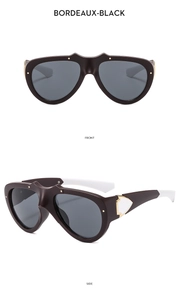 Front and side views of oversized Bordeaux-Black sports sunglasses with white temples