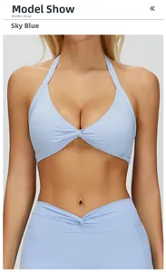 Sky blue halter sports bra and high waist leggings yoga set with twist front detail