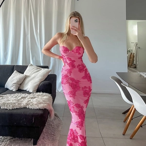 Rosa Maxikleid Mit Geprägtem Blumenmuster Polyester Schlanke Passform Ärmelloses Sexy Bodycon Urlaubs Party Langes Kleid Damen
