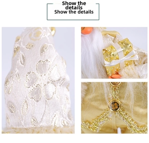 Detail of Santa figurine showing white jacquard fabric and gold floral lace texture