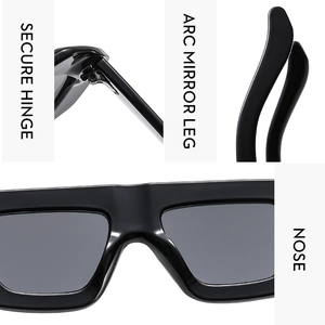 Detail view of reinforced hinges and ergonomic temple design on black thick frame sunglasses