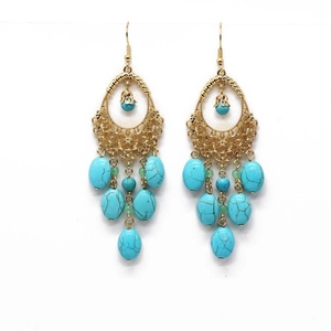 Bohemian gold turquoise waterdrop earrings with vintage hollow design and hanging beads