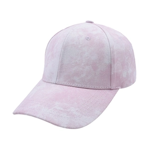 Close-up of pink and white tie-dye baseball cap showing fabric texture and stitching