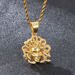 Gothic gold Medusa head pendant necklace with twisted rope chain for men in stainless steel