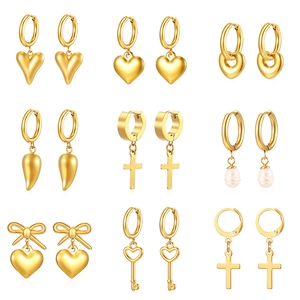 Stainless Steel Hoop Earrings With Dangle Charms Heart Cross Artificial Pearl 18K Gold Plated Fashion Jewelry For Women