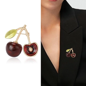 Sweet cherry enamel fruit brooch pin on black suit blazer for men and women