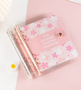 Pink cherry blossom PVC A5 binder showing 100 envelope savings challenge details