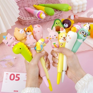 Cute cartoon squishy gel pens with slow rebound animal toppers for stress relief