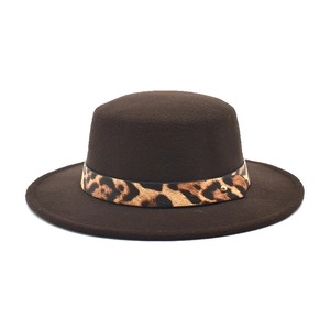 Chapeau fedora marron en laine avec ruban léopard et rivet doré pour homme et femme
