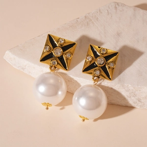 Vintage gold square earrings with black enamel star, rhinestones and large pearl drops