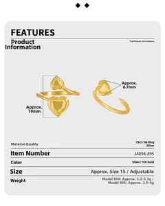 Detailed size and material specs for brushed S925 sterling silver heart open ring