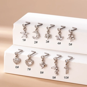 Set of ten L-shaped stainless steel nose studs with cubic zirconia dangling charms