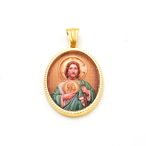 Oval 18k gold stainless steel religious pendant with Jesus Christ sacred heart portrait
