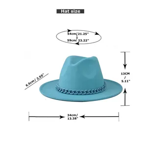 Detailed size chart for the light blue wide brim fedora hat with dimensions in cm and inches