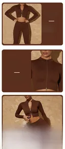 Detail of coffee brown ribbed workout set showing zipper top and high waist leggings