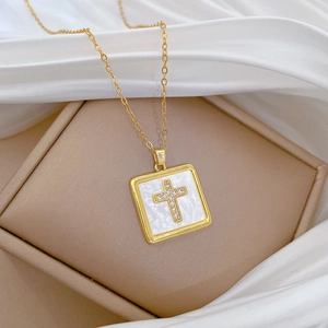Luxury gold titanium square cross necklace with diamonds and mother of pearl inlay