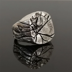 Vintage punk men's silver crack texture ring with industrial distressed metal finish