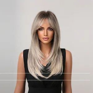 Long layered synthetic wig with bangs in ash blonde color and natural smooth texture