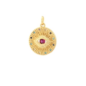 Detail of gold evil eye pendant with red oval stone and multicolor cubic zirconia