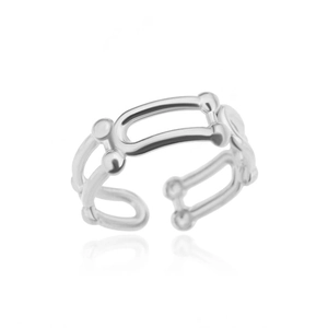 Detail of silver geometric open ring featuring adjustable U-shaped chain links