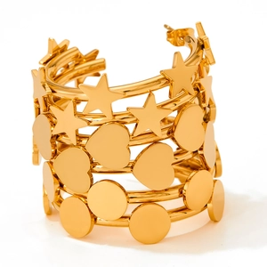 Polished gold multi-layer C-shape hoop earrings with star, heart, and round metal charms