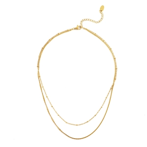 Double layered 18K gold plated necklace featuring beads and a flat snake chain