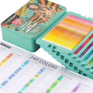 Macro detail of 240 professional soft core colored pencils in a premium metal storage box