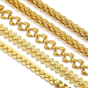Detail of five distinct styles of shiny gold stainless steel chains for DIY jewelry making