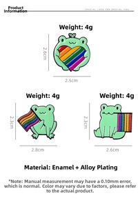 Detail view of colorful enamel rainbow frog pins showing exact size and weight metrics