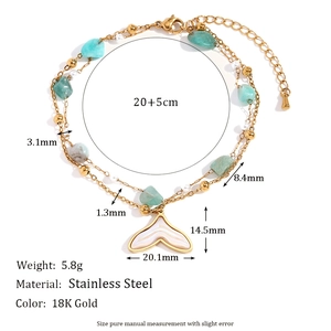 18K gold-plated double-layer stainless steel anklet with blue stones and fishtail charm