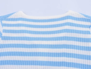 Close-up of ribbed crewneck neckline on blue and white striped knitted sweater