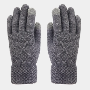 Close-up of dark grey knitted touch screen gloves with ribbed cuffs and diamond patterns