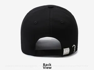 Detail view of black baseball cap back with adjustable metal buckle and ARQ engraving
