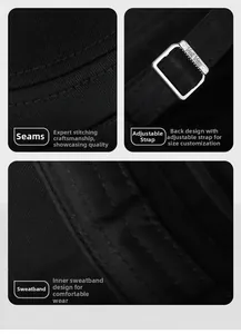 Detailed views of camouflage cap stitching, adjustable metal buckle and inner sweatband