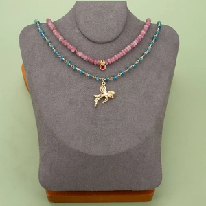 18k gold plated butterfly pendant necklace set with pink beads and ruby accents