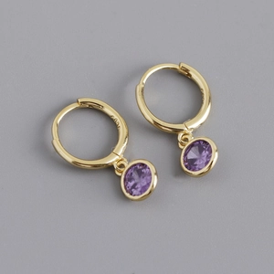 Detailed close-up of S925 sterling silver gold hoop earrings with purple zircon pendant