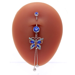 Sexy heart belly ring with blue butterfly crystal and long metal tassel chains