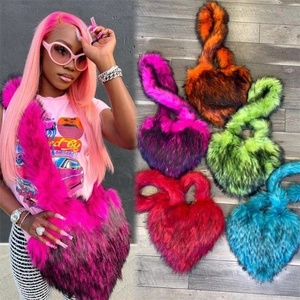 Faux raccoon fur heart-shaped crossbody bag with vibrant gradient plush shell design