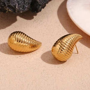 Golden 18K gold-plated stainless steel hollow twist drop earrings with spiral texture