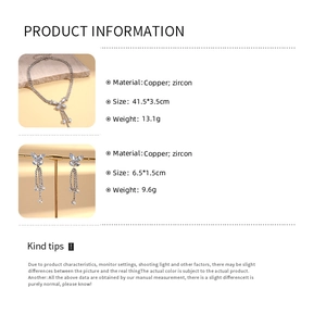 Detailed product information infographic for butterfly zircon necklace and earring set