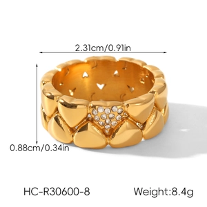 Detailed top view of a gold-layered hollow heart ring with sparkling rhinestone accents