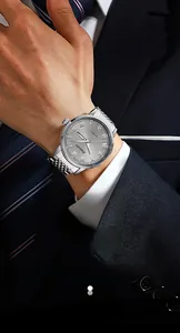 Detail of automatic mechanical watch featuring dual calendar and Roman numerals on steel dial