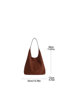 Detailed dimension chart for the brown faux suede Hobo bag showing height, width, and depth