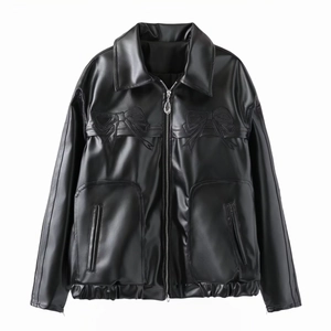 Veste en similicuir noir pour femme avec broderie nœud et double fermeture éclair