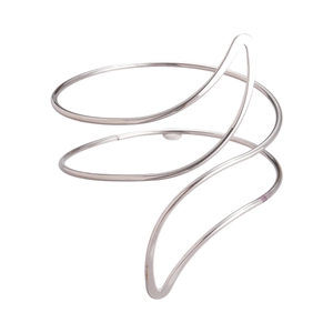 Minimalist silver wavy spiral arm cuff with sleek artistic double-layered metal design