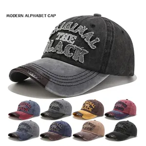 Washed Cotton Baseball Cap Vintage Distressed Embroidery Letter Leather Patchwork Adjustable Sun Hat Unisex Streetwear