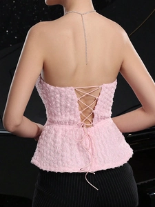 Pink 3D floral lace backless camisole with criss-cross lace-up straps and ruffled hem