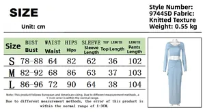 Size guide for the two-piece crop top and maxi skirt set showing measurements in cm