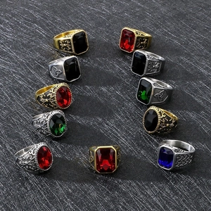 Vintage Stainless Steel Ring For Men With Large Faux Gemstone Viking Gothic Retro Hip Hop Style Jewelry